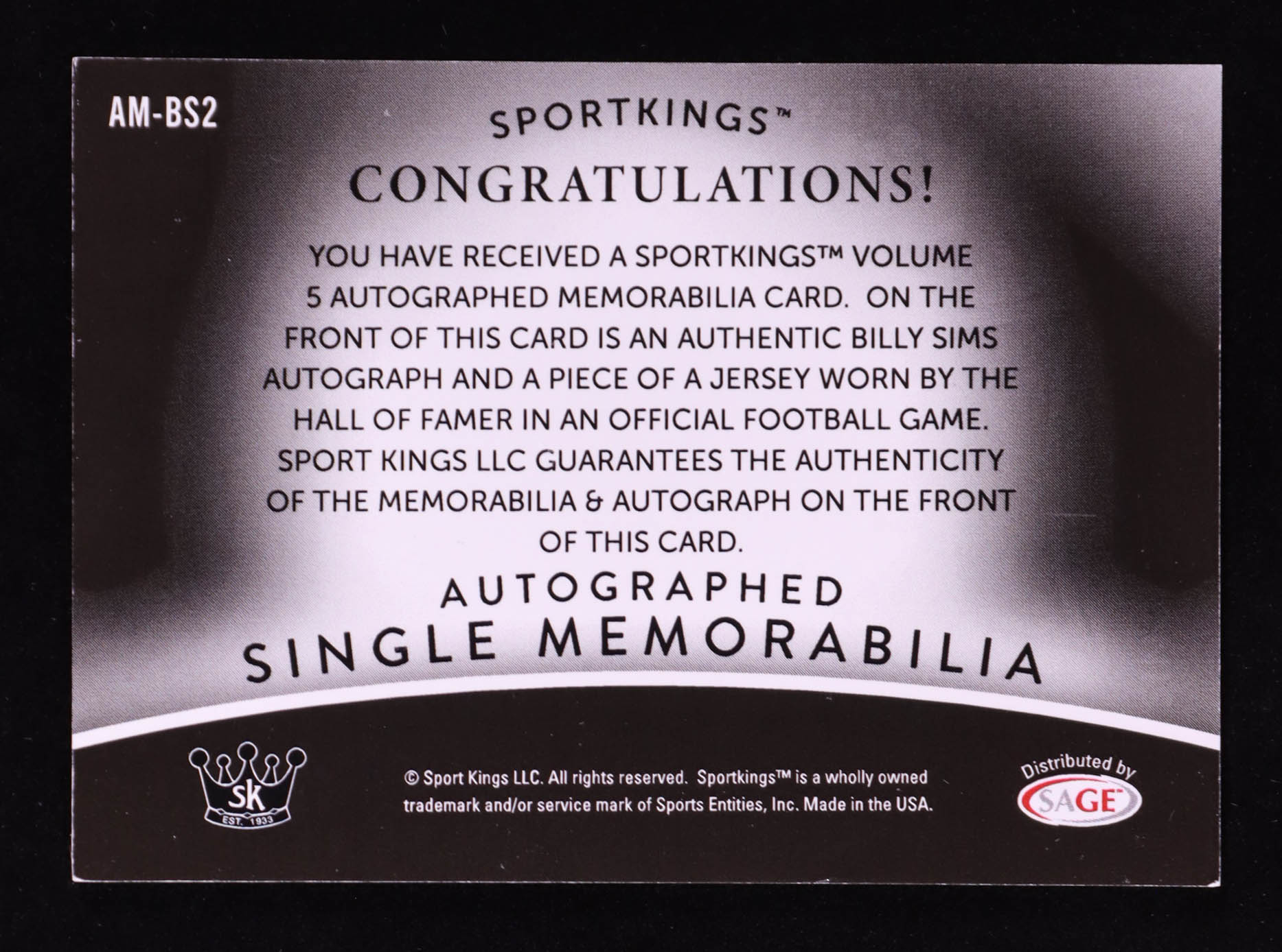 Billy Sims 2024 Sportkings Volume 5 Autographed Memorabilia #AMBS2 at PristineAuction.com Billy Sims 2024 Sportkings Volume 5 Autographed Memorabilia #AMBS2 at PristineAuction.com