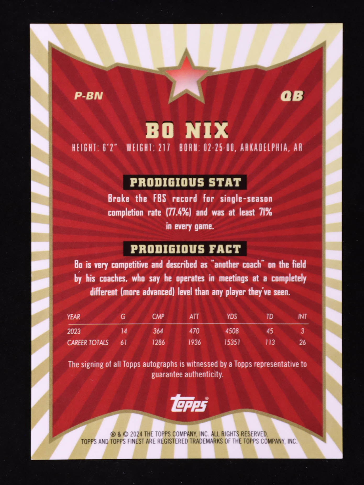 Bo Nix 2024 Topps Finest Prodigies Gold #P-BN RC at PristineAuction.com Bo Nix 2024 Topps Finest Prodigies Gold #P-BN RC at PristineAuction.com
