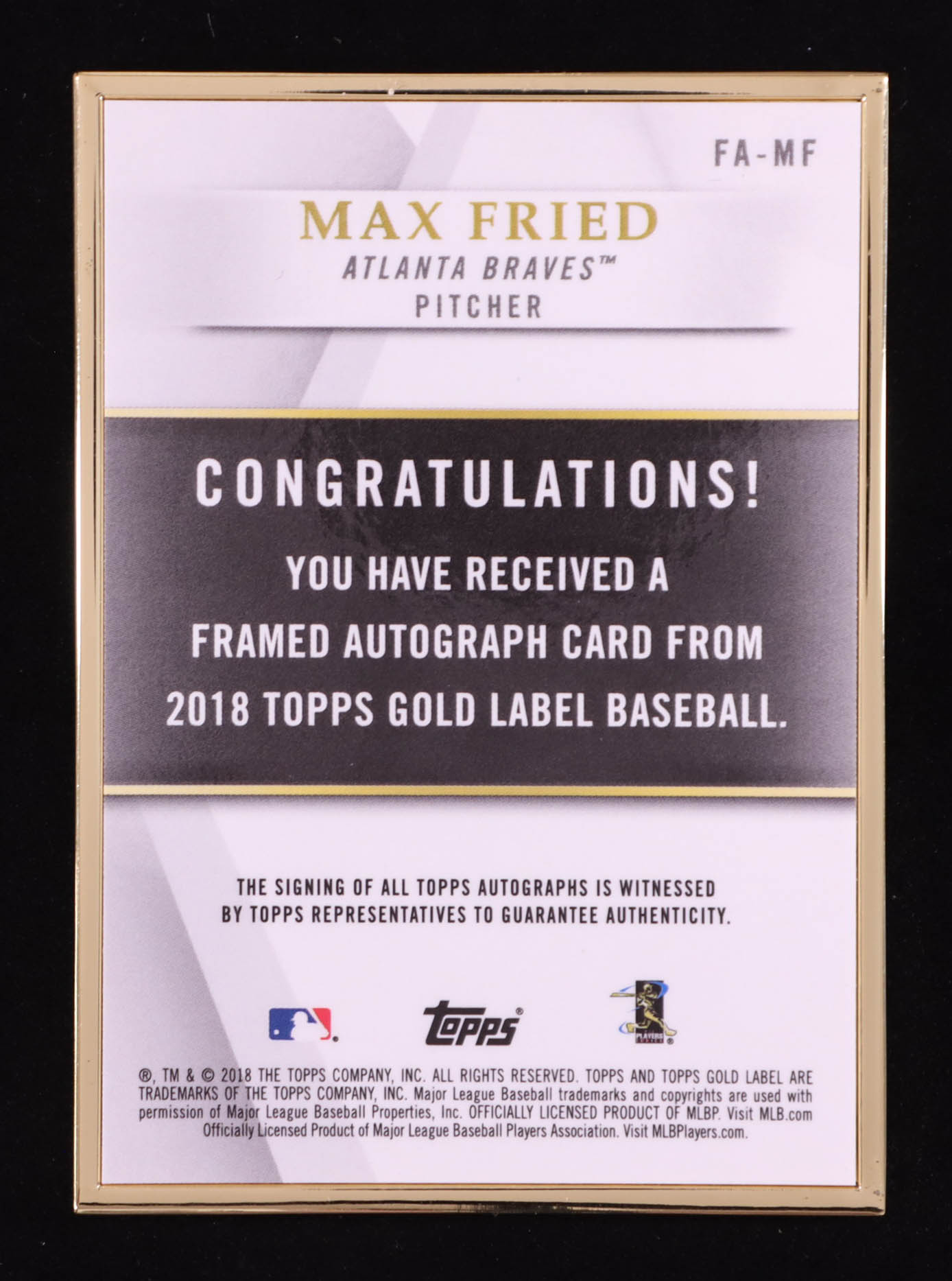 Max Fried 2018 Topps Gold Label Framed Autographs #FAMF RC at PristineAuction.com Max Fried 2018 Topps Gold Label Framed Autographs #FAMF RC at PristineAuction.com