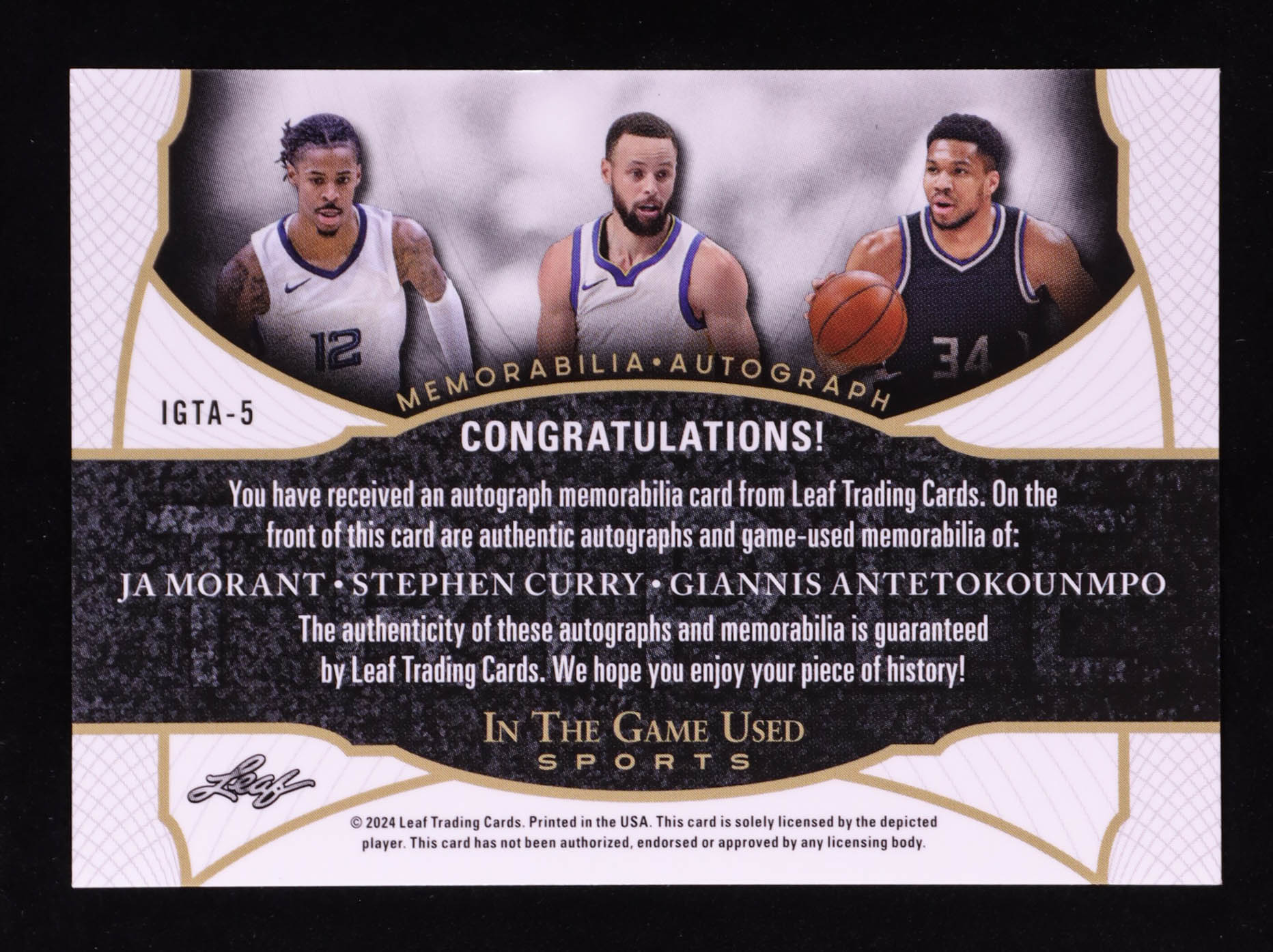 Stephen Curry / Ja Morant / Giannis Antetokounmpo 2024 Leaf ITG Sports Autographs Memorabilia #IGTA-5 #5/10 at PristineAuction.com Stephen Curry / Ja Morant / Giannis Antetokounmpo 2024 Leaf ITG Sports Autographs Memorabilia #IGTA-5 #5/10 at PristineAuction.com