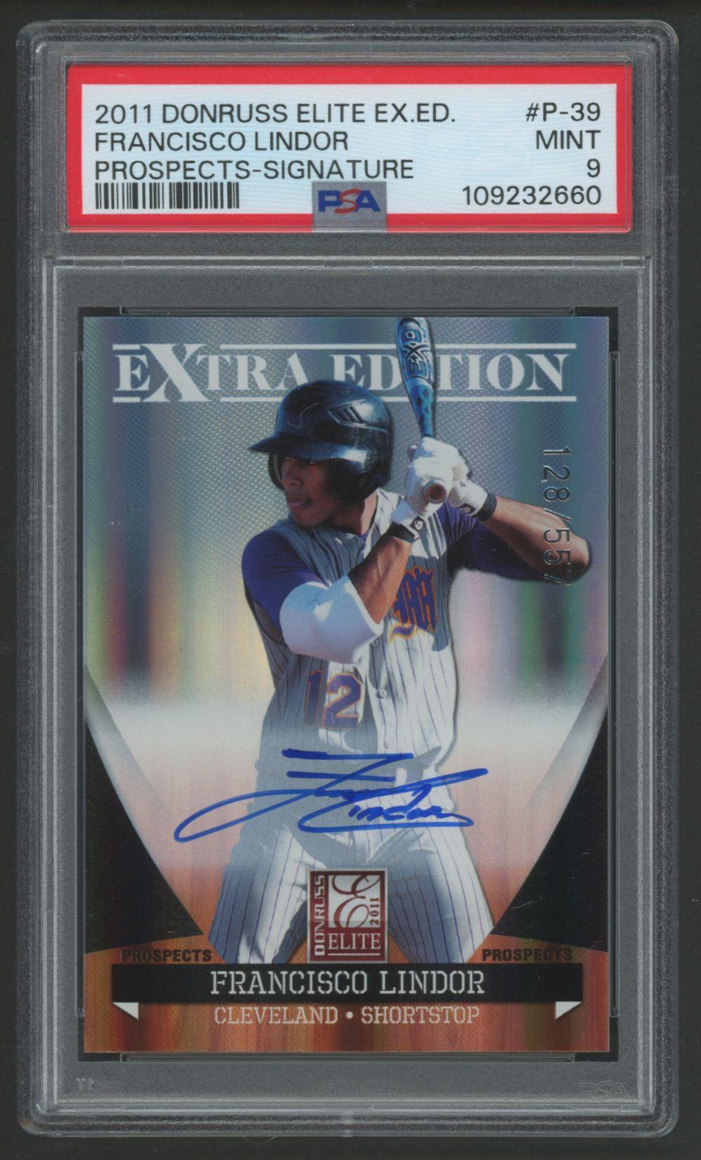 Francisco Lindor 2011 Donruss Elite Extra Edition Prospects AU #P39 #128/557 (PSA 9) at PristineAuction.com Francisco Lindor 2011 Donruss Elite Extra Edition Prospects AU #P39 #128/557 (PSA 9) at PristineAuction.com