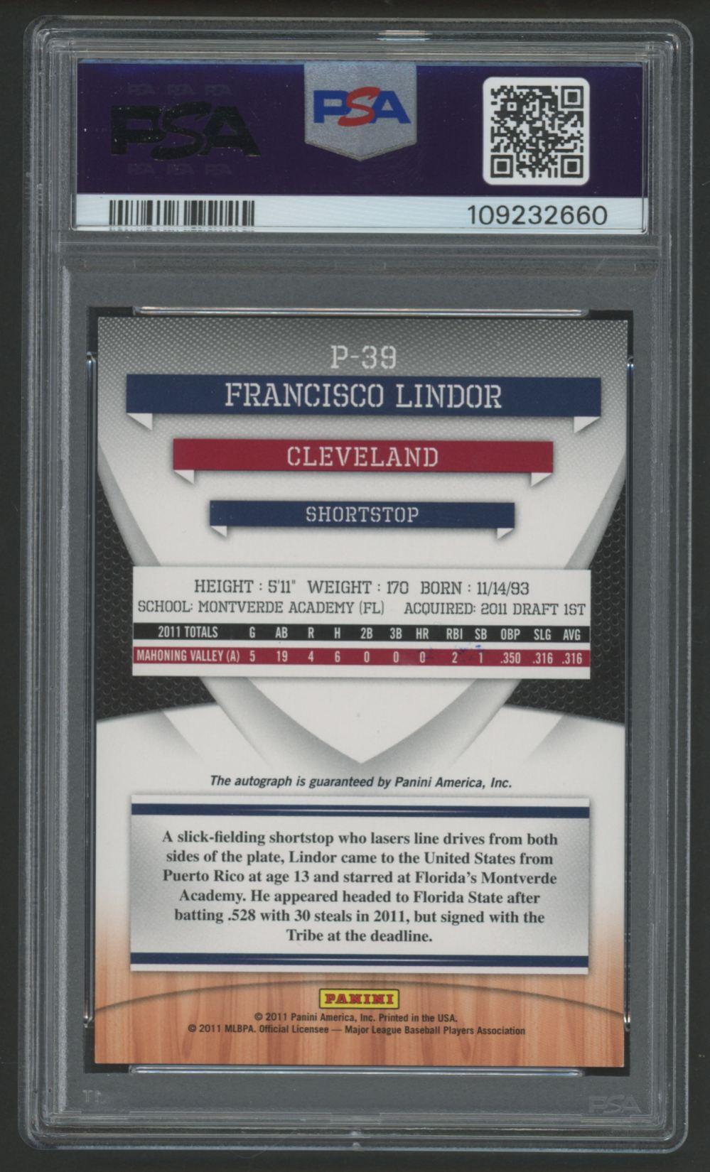 Francisco Lindor 2011 Donruss Elite Extra Edition Prospects AU #P39 #128/557 (PSA 9) at PristineAuction.com Francisco Lindor 2011 Donruss Elite Extra Edition Prospects AU #P39 #128/557 (PSA 9) at PristineAuction.com