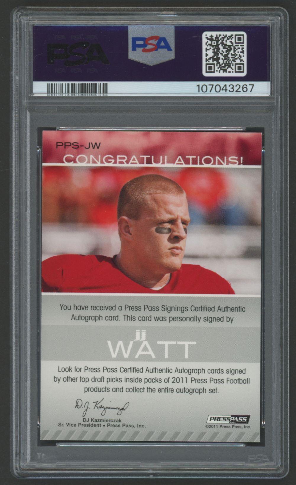 JJ Watt 2011 Press Pass Autographs Silver #PPSJW RC #13/199 (PSA 9) at PristineAuction.com JJ Watt 2011 Press Pass Autographs Silver #PPSJW RC #13/199 (PSA 9) at PristineAuction.com