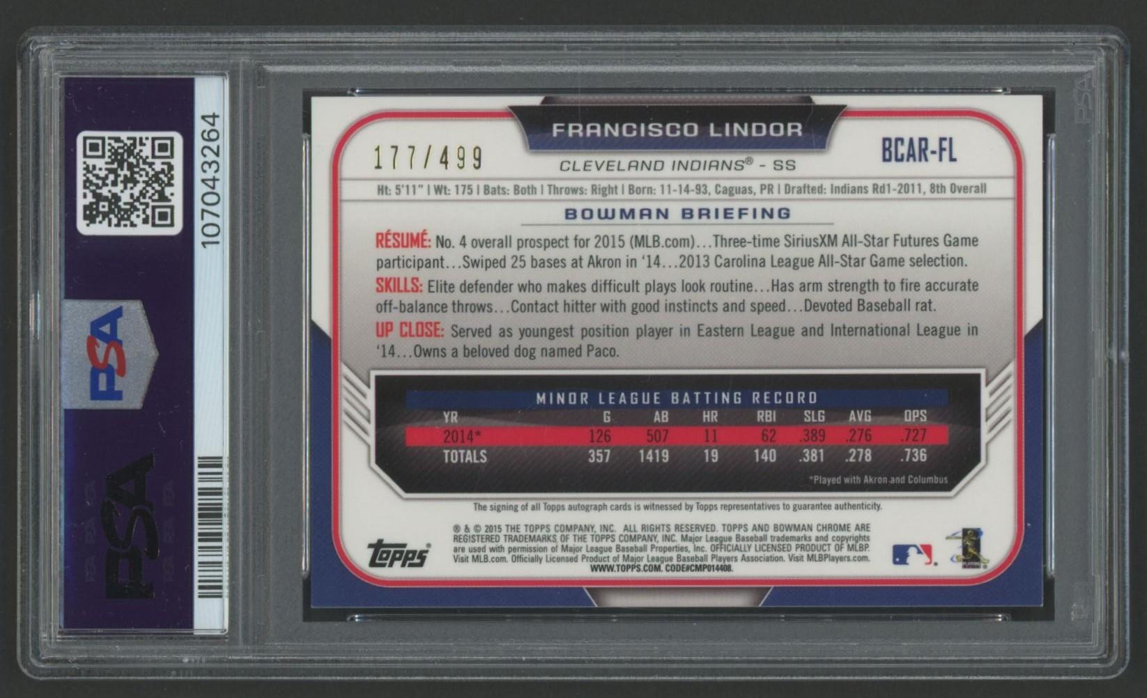 Francisco Lindor 2015 Bowman Chrome Autograph Rookies Refractor #BCARFL #177/499 (PSA 9) at PristineAuction.com Francisco Lindor 2015 Bowman Chrome Autograph Rookies Refractor #BCARFL #177/499 (PSA 9) at PristineAuction.com