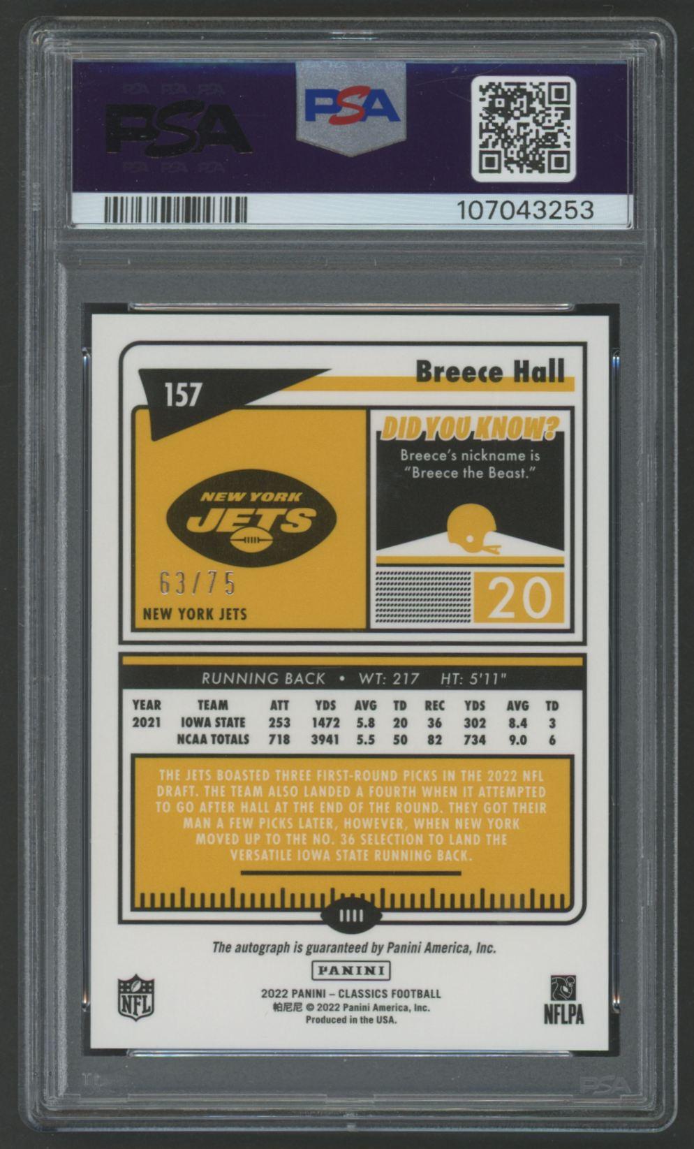 Breece Hall 2022 Classics P/E Significant Signatures Gold #157 #63/75 (PSA 9) at PristineAuction.com Breece Hall 2022 Classics P/E Significant Signatures Gold #157 #63/75 (PSA 9) at PristineAuction.com
