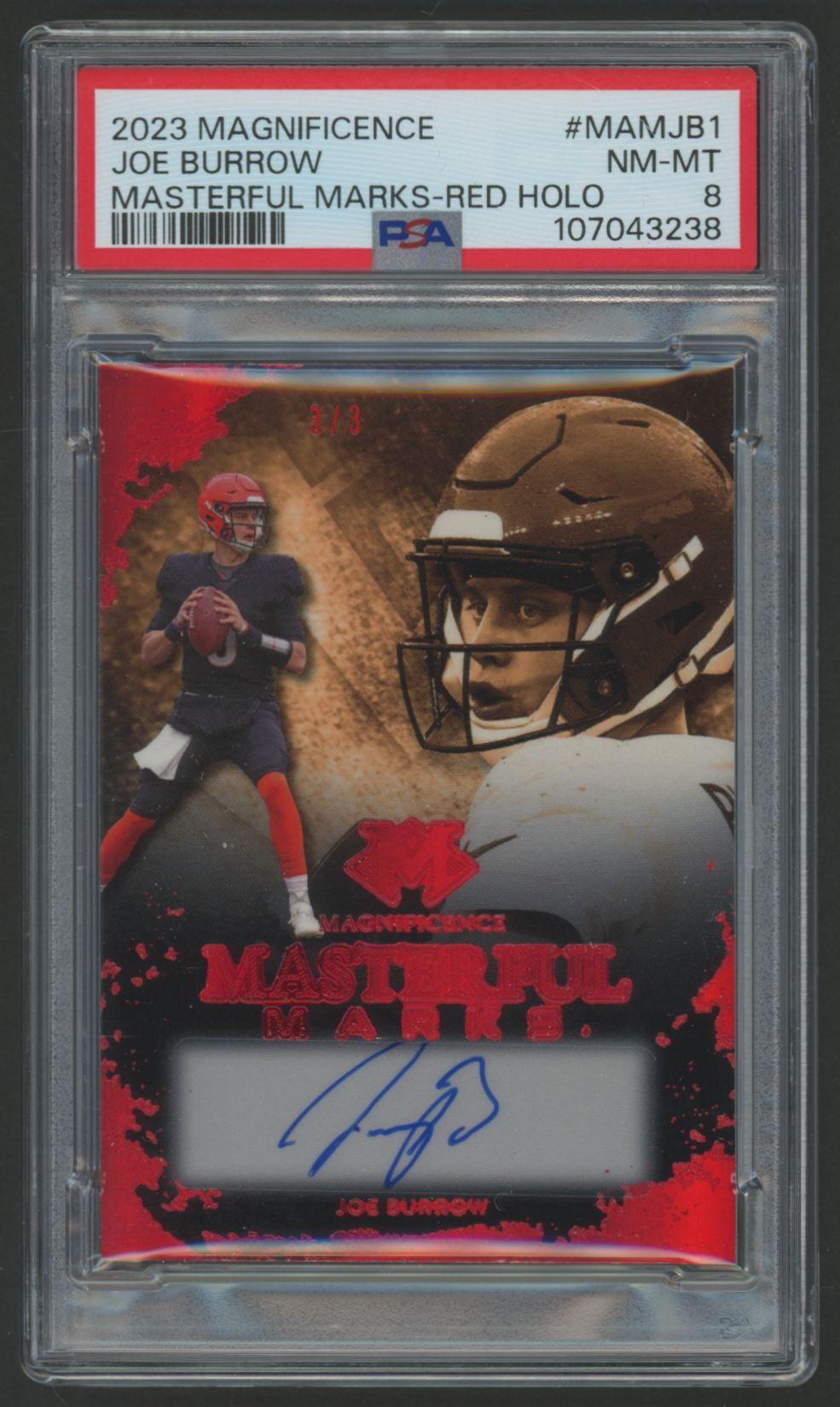 Joe Burrow 2023 Magnificence Masterful Mark Red Holo #MAMJB1 #3/3 (PSA 8) at PristineAuction.com Joe Burrow 2023 Magnificence Masterful Mark Red Holo #MAMJB1 #3/3 (PSA 8) at PristineAuction.com