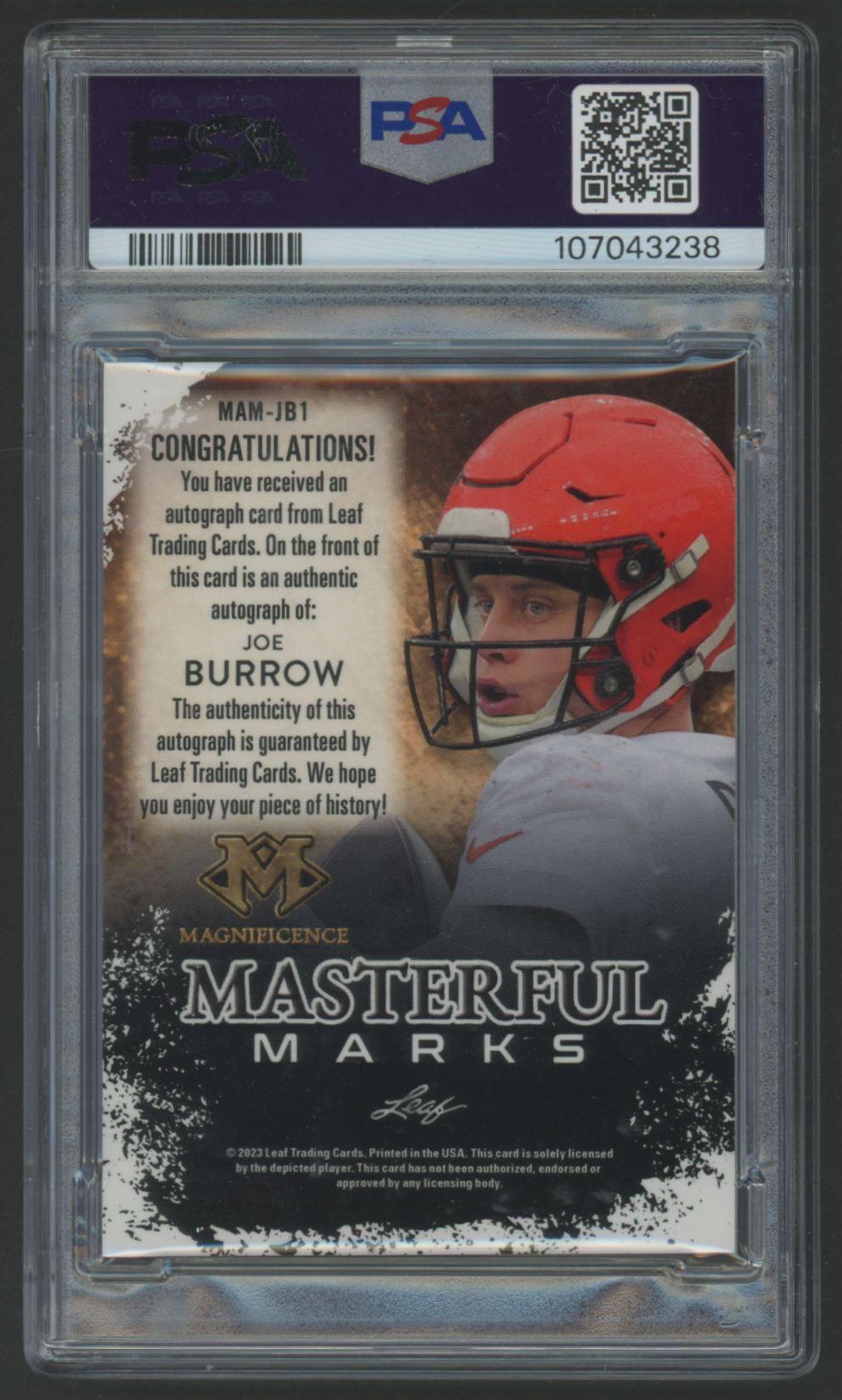 Joe Burrow 2023 Magnificence Masterful Mark Red Holo #MAMJB1 #3/3 (PSA 8) at PristineAuction.com Joe Burrow 2023 Magnificence Masterful Mark Red Holo #MAMJB1 #3/3 (PSA 8) at PristineAuction.com