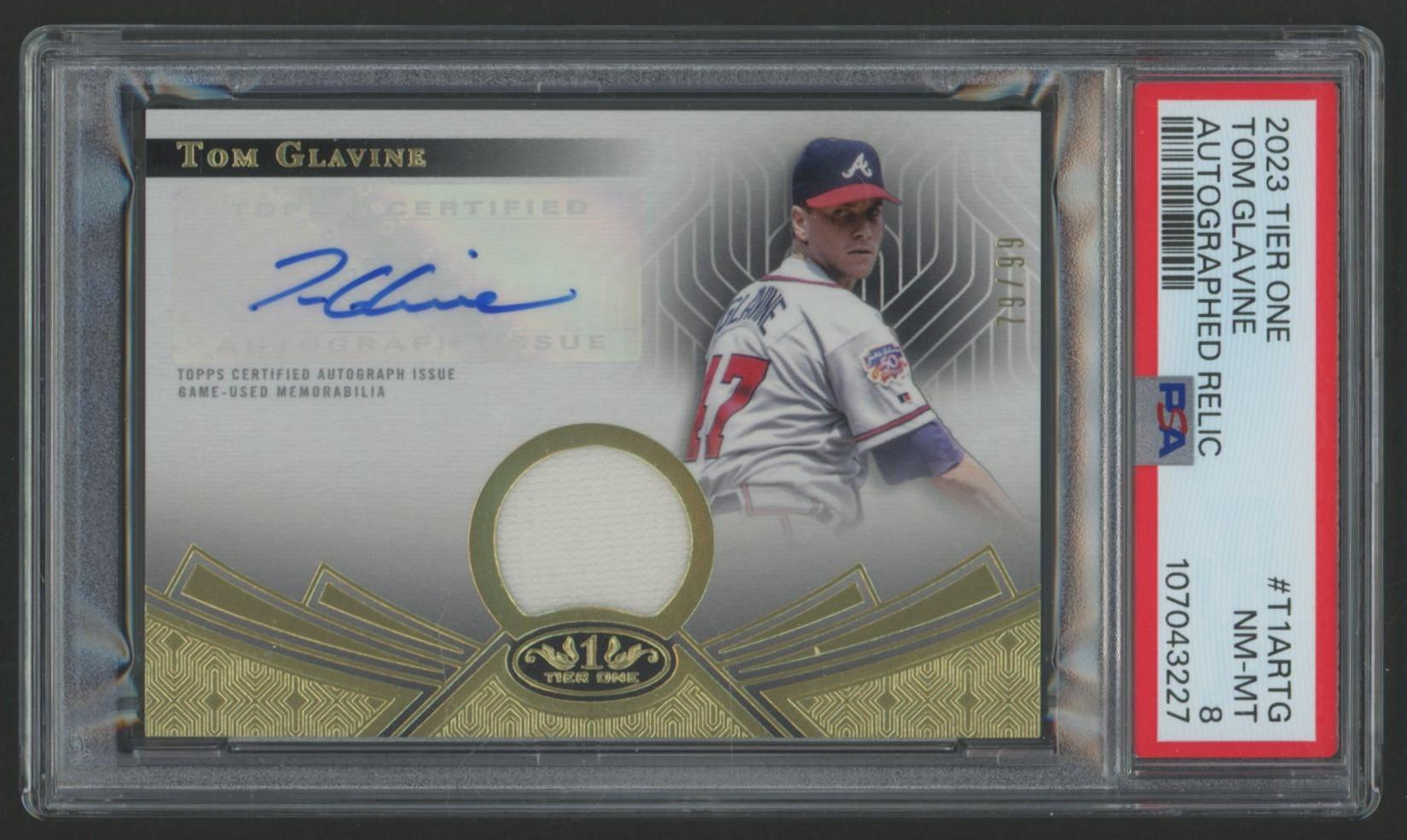 Tom Glavine 2023 Tier One Autographed Relic #T1ARTG #79/99 (PSA 8) at PristineAuction.com Tom Glavine 2023 Tier One Autographed Relic #T1ARTG #79/99 (PSA 8) at PristineAuction.com