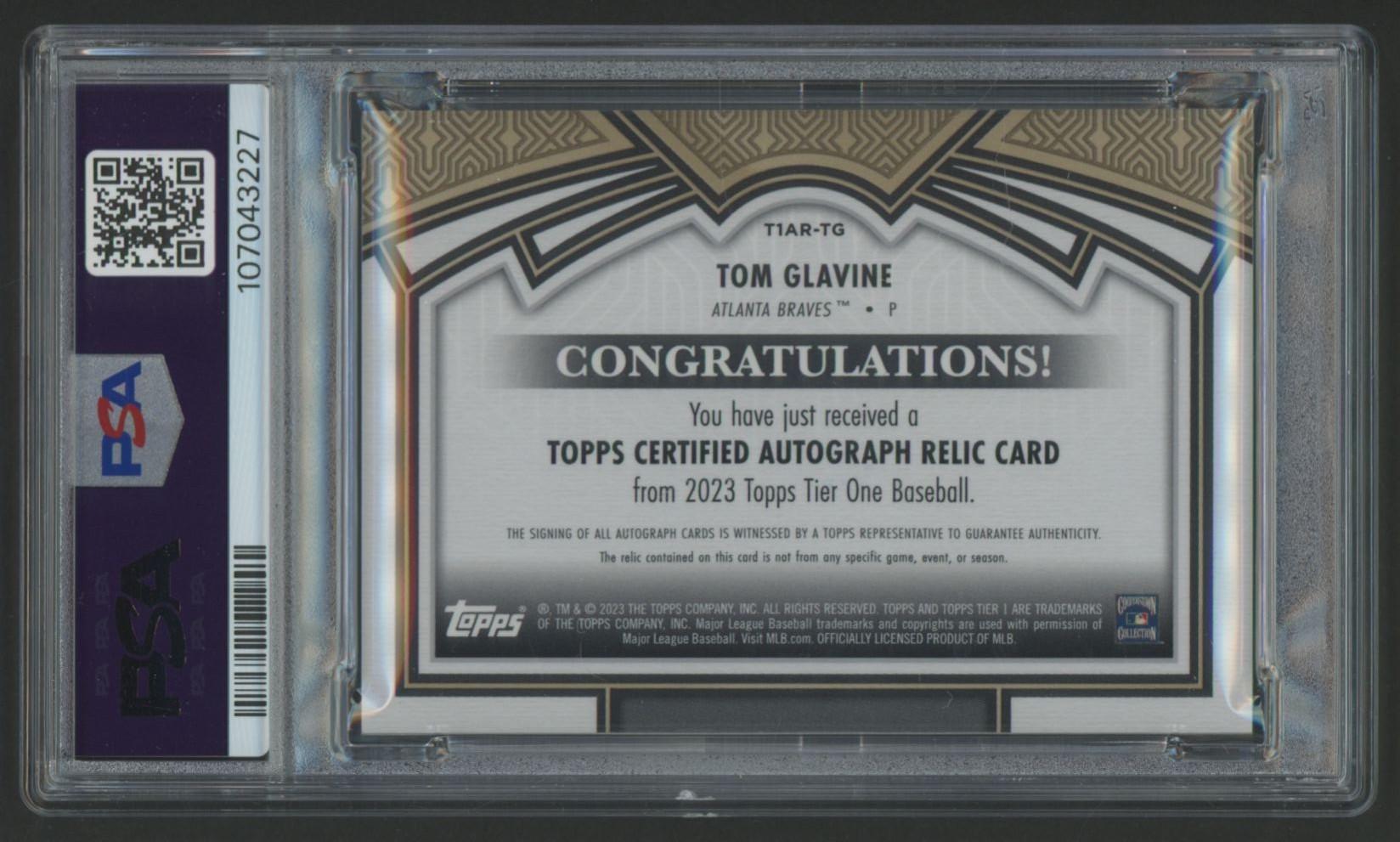 Tom Glavine 2023 Tier One Autographed Relic #T1ARTG #79/99 (PSA 8) at PristineAuction.com Tom Glavine 2023 Tier One Autographed Relic #T1ARTG #79/99 (PSA 8) at PristineAuction.com