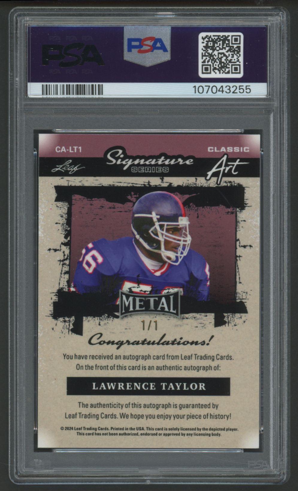 Lawrence Taylor 2024 Metal Signature Classic Art Autographs Version #3 #CALT1 #1/1 (PSA 9) at PristineAuction.com Lawrence Taylor 2024 Metal Signature Classic Art Autographs Version #3 #CALT1 #1/1 (PSA 9) at PristineAuction.com