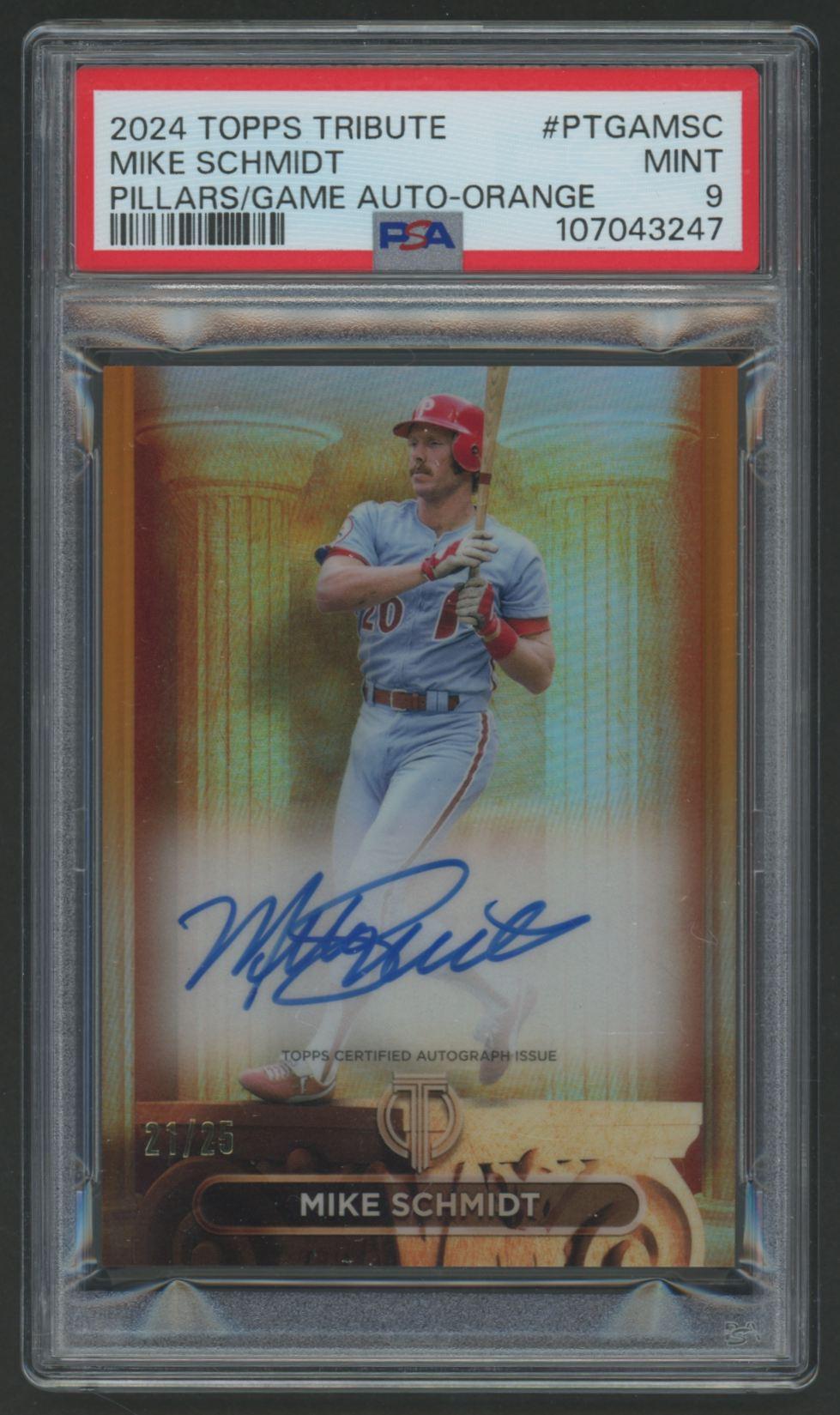 Mike Schmidt 2024 Topps Tribute Pillars/Game Autographs Orange #PTGAMSC #21/25 (PSA 9) at PristineAuction.com Mike Schmidt 2024 Topps Tribute Pillars/Game Autographs Orange #PTGAMSC #21/25 (PSA 9) at PristineAuction.com