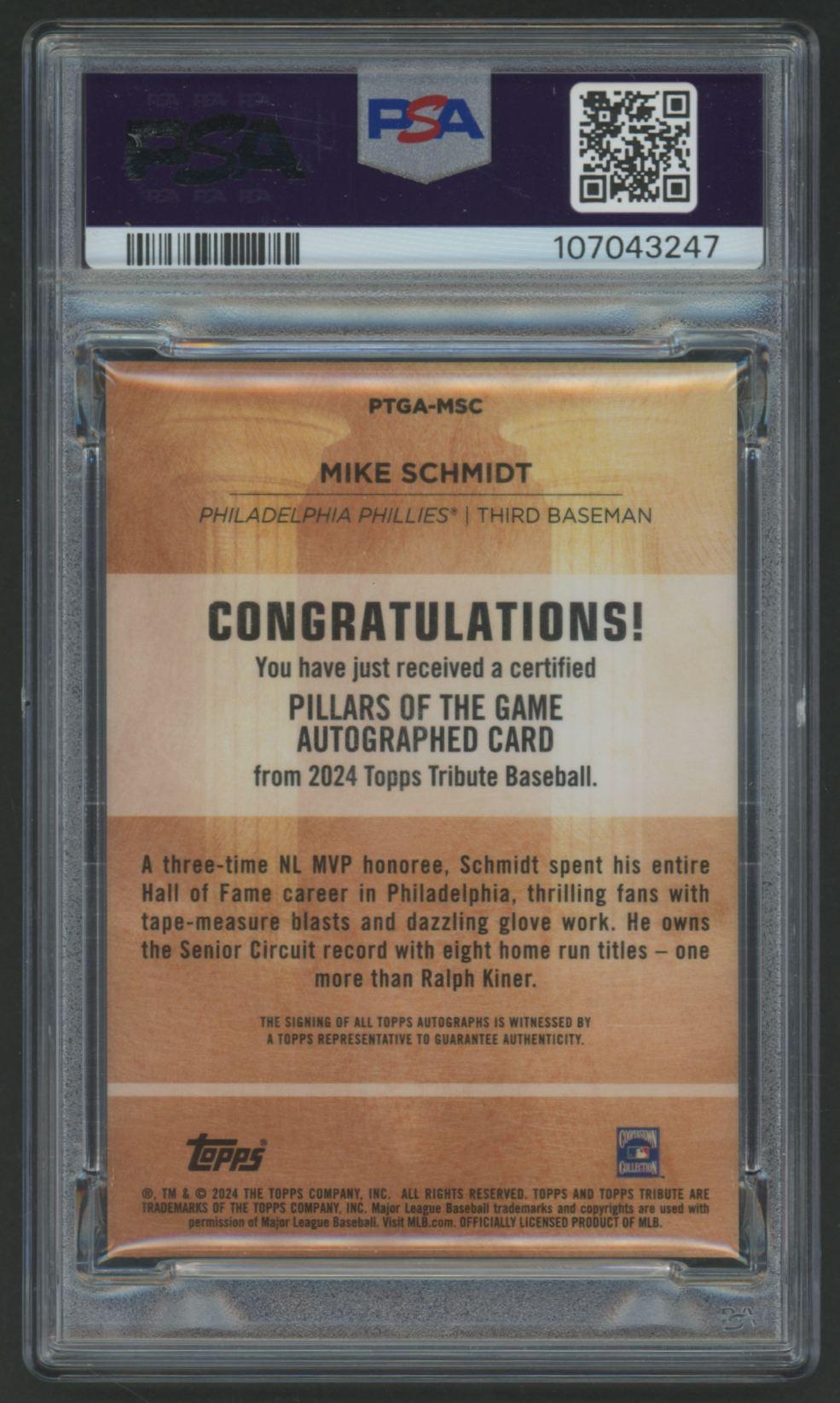 Mike Schmidt 2024 Topps Tribute Pillars/Game Autographs Orange #PTGAMSC #21/25 (PSA 9) at PristineAuction.com Mike Schmidt 2024 Topps Tribute Pillars/Game Autographs Orange #PTGAMSC #21/25 (PSA 9) at PristineAuction.com