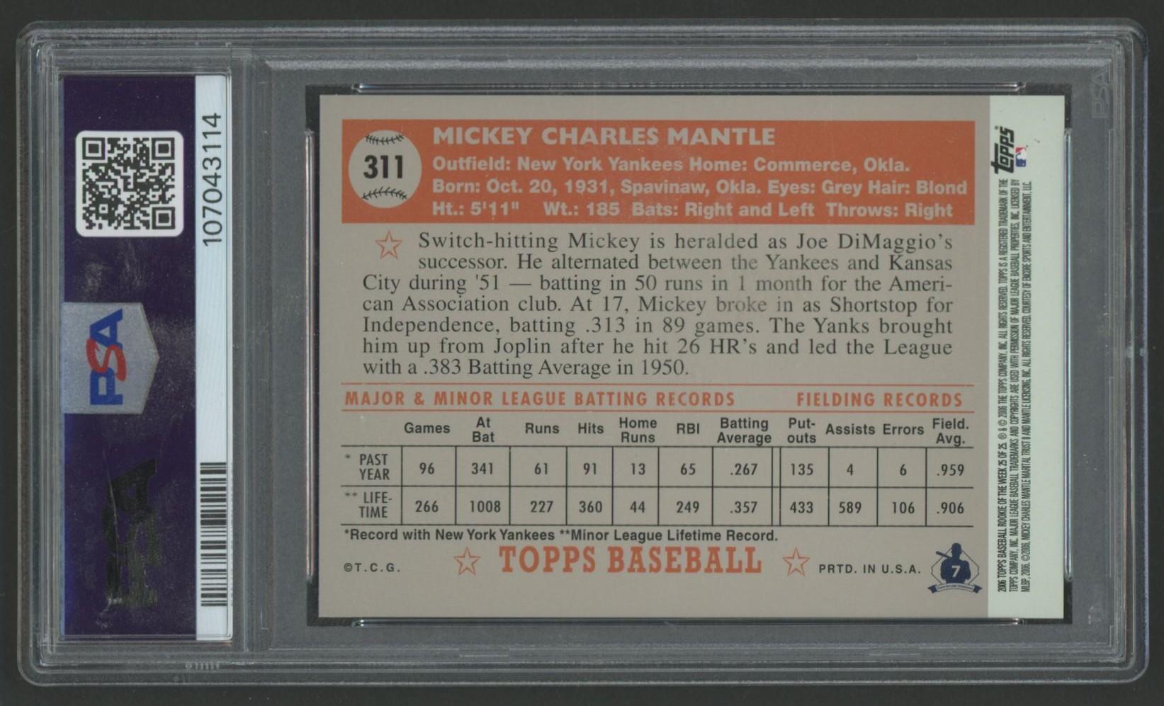 Mickey Mantle 2006 Topps Rookie of the Week #25 (PSA 10) at PristineAuction.com Mickey Mantle 2006 Topps Rookie of the Week #25 (PSA 10) at PristineAuction.com