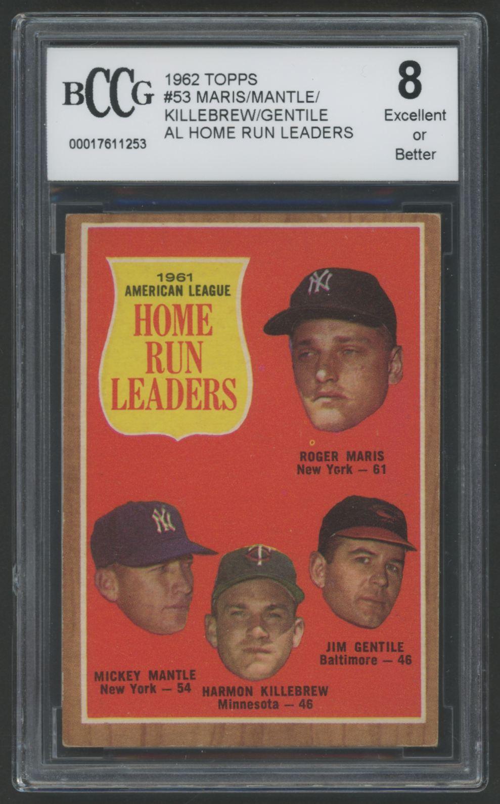 Mickey Mantle 1962 Topps HR Leaders #53 (BCCG 8) at PristineAuction.com Mickey Mantle 1962 Topps HR Leaders #53 (BCCG 8) at PristineAuction.com