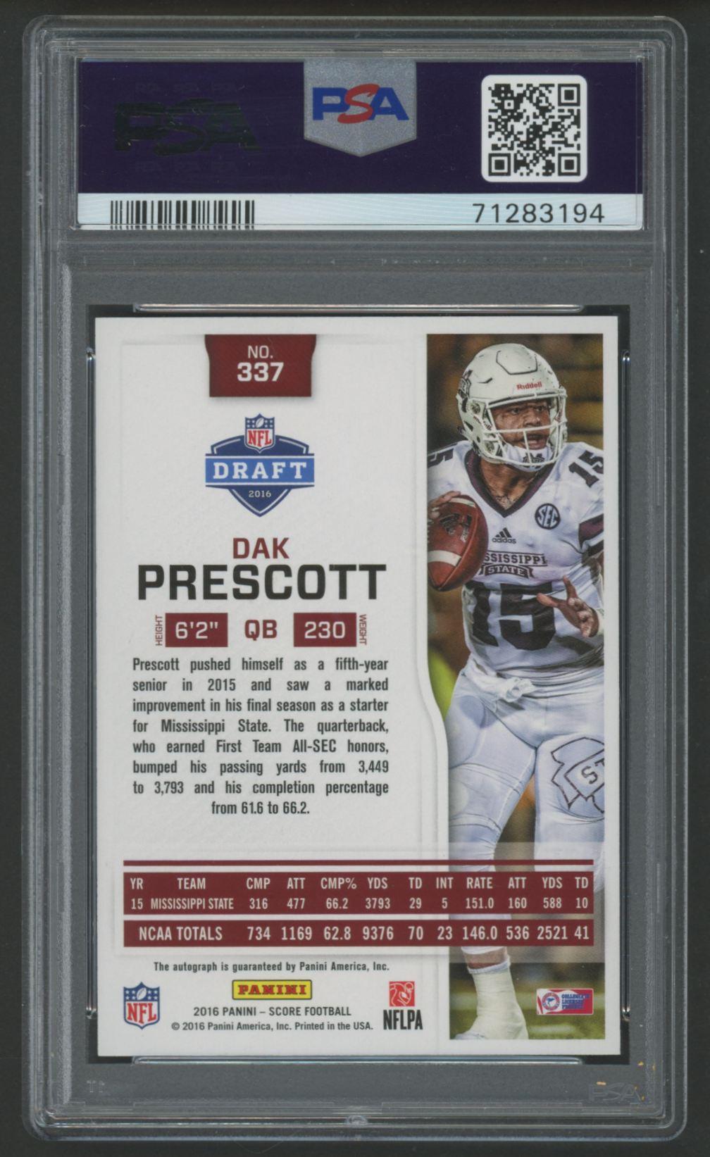 Dak Prescott 2016 Score Autograph Gold Zone #337 #31/50 RC (PSA 10) at PristineAuction.com Dak Prescott 2016 Score Autograph Gold Zone #337 #31/50 RC (PSA 10) at PristineAuction.com