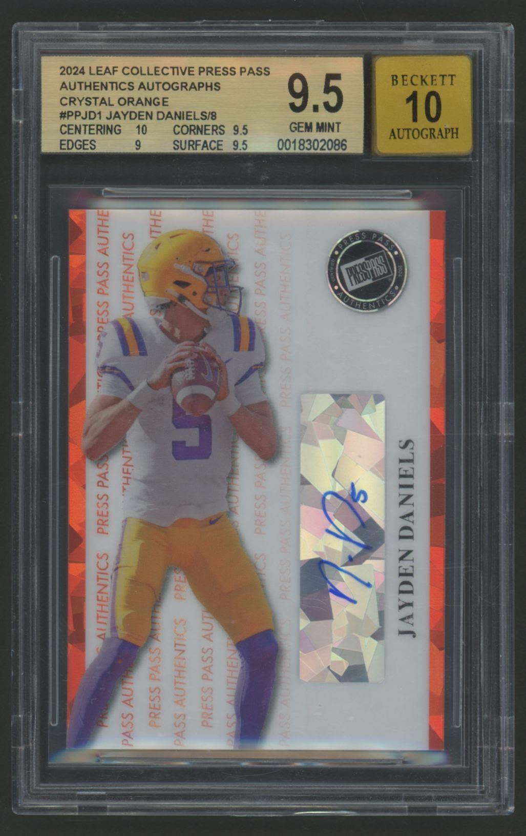 Jayden Daniels 2024 Leaf Collective Press Pass Authentics Autographs Crystal Orange #PPJD1 #7/8 (BGS 9.5 | Auto 10) at PristineAuction.com Jayden Daniels 2024 Leaf Collective Press Pass Authentics Autographs Crystal Orange #PPJD1 #7/8 (BGS 9.5 | Auto 10) at PristineAuction.com