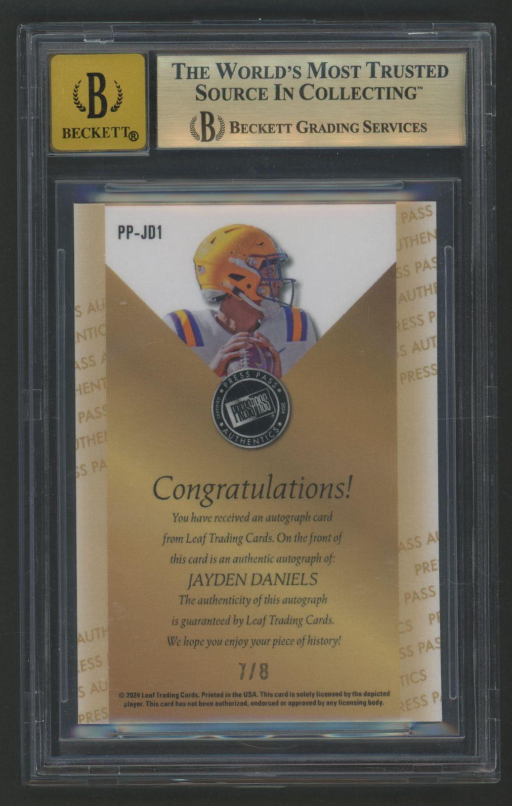 Jayden Daniels 2024 Leaf Collective Press Pass Authentics Autographs Crystal Orange #PPJD1 #7/8 (BGS 9.5 | Auto 10) at PristineAuction.com Jayden Daniels 2024 Leaf Collective Press Pass Authentics Autographs Crystal Orange #PPJD1 #7/8 (BGS 9.5 | Auto 10) at PristineAuction.com