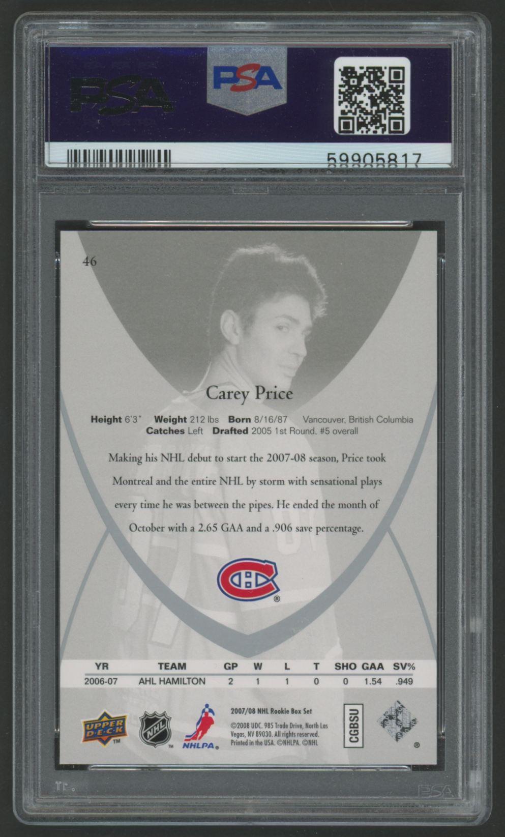 Carey Price 2007 Upper Deck Rookie Class #46 (PSA 10) at PristineAuction.com Carey Price 2007 Upper Deck Rookie Class #46 (PSA 10) at PristineAuction.com