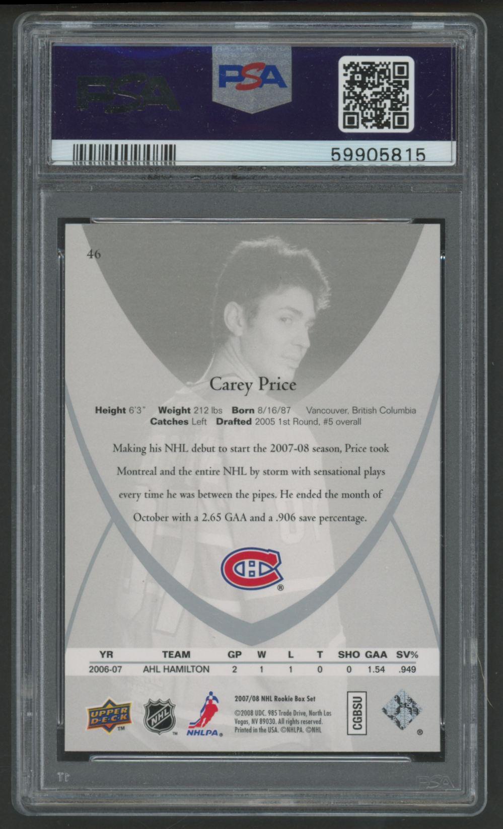 Carey Price 2007 Upper Deck Rookie Class #46 (PSA 10) at PristineAuction.com Carey Price 2007 Upper Deck Rookie Class #46 (PSA 10) at PristineAuction.com