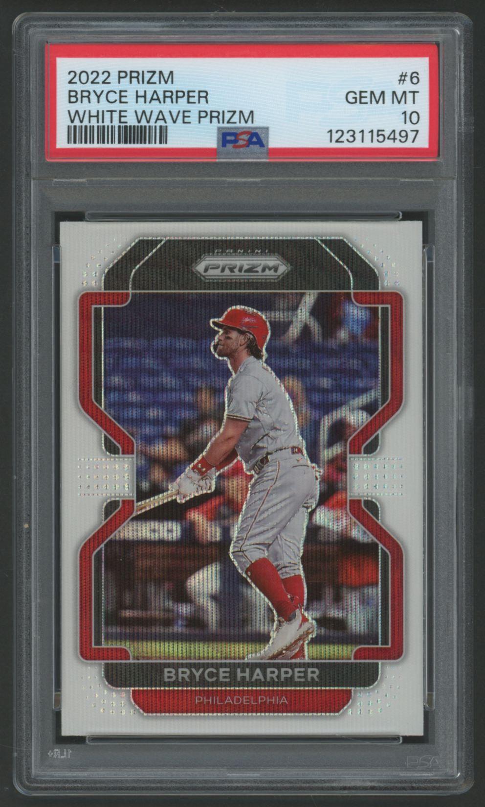 Bryce Harper 2022 Panini Prizm White Wave Prizm #6 (PSA 10) at PristineAuction.com Bryce Harper 2022 Panini Prizm White Wave Prizm #6 (PSA 10) at PristineAuction.com