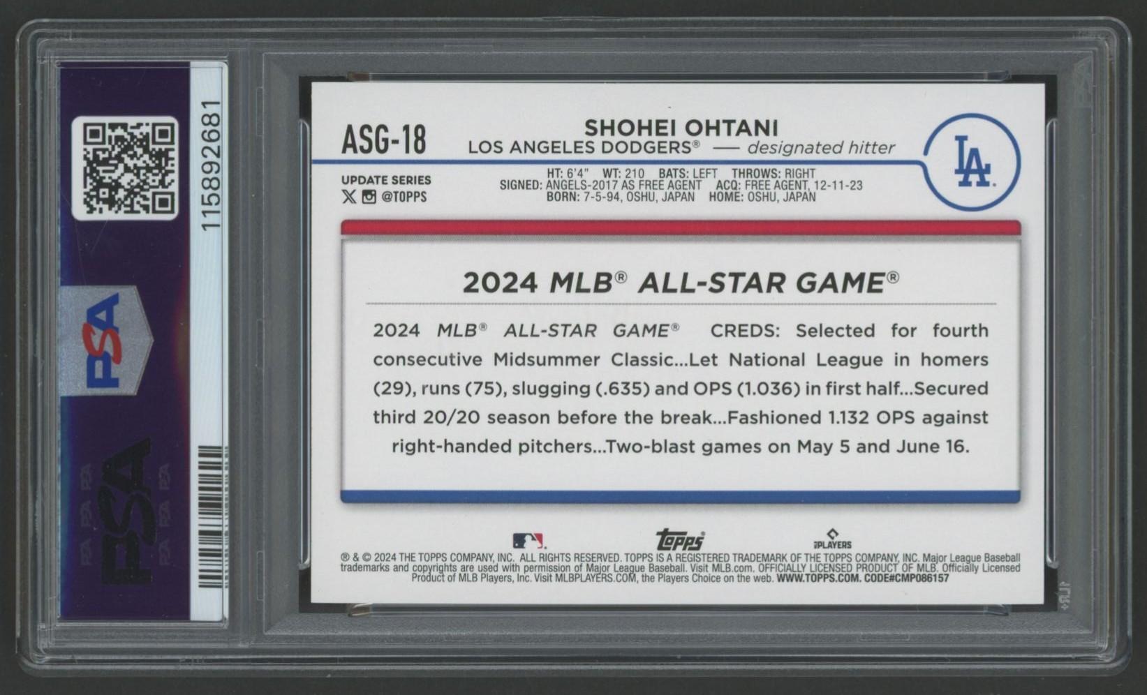 Shohei Ohtani 2024 Topps Update All-Star Game #ASG18 (PSA 10) at PristineAuction.com Shohei Ohtani 2024 Topps Update All-Star Game #ASG18 (PSA 10) at PristineAuction.com
