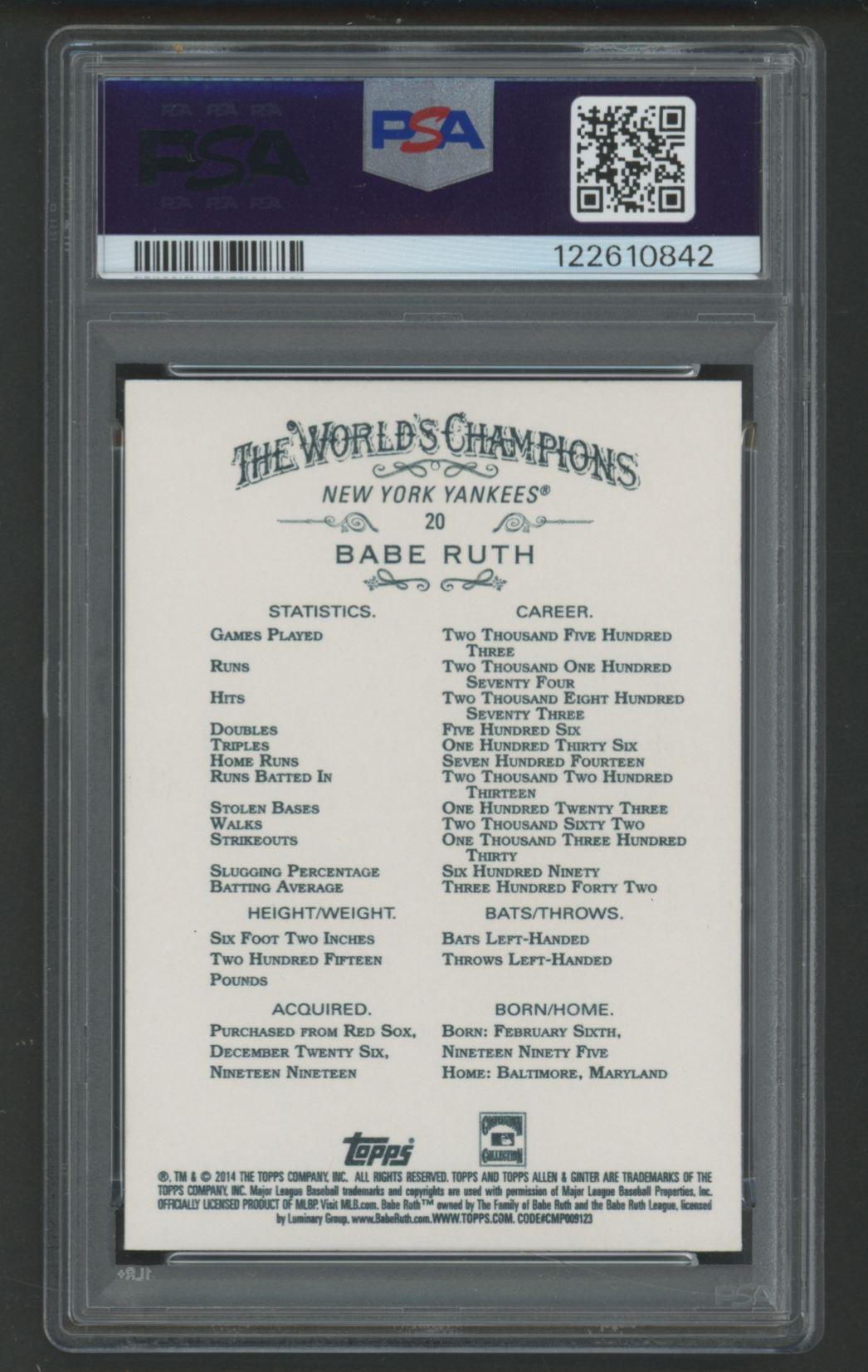 Babe Ruth 2014 Topps Allen & Ginter #20 (PSA 10) at PristineAuction.com Babe Ruth 2014 Topps Allen & Ginter #20 (PSA 10) at PristineAuction.com