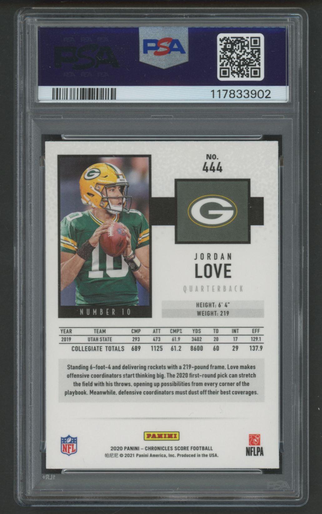 Jordan Love 2020 Panini Chronicles / Score #444 RC (PSA 10) at PristineAuction.com Jordan Love 2020 Panini Chronicles / Score #444 RC (PSA 10) at PristineAuction.com