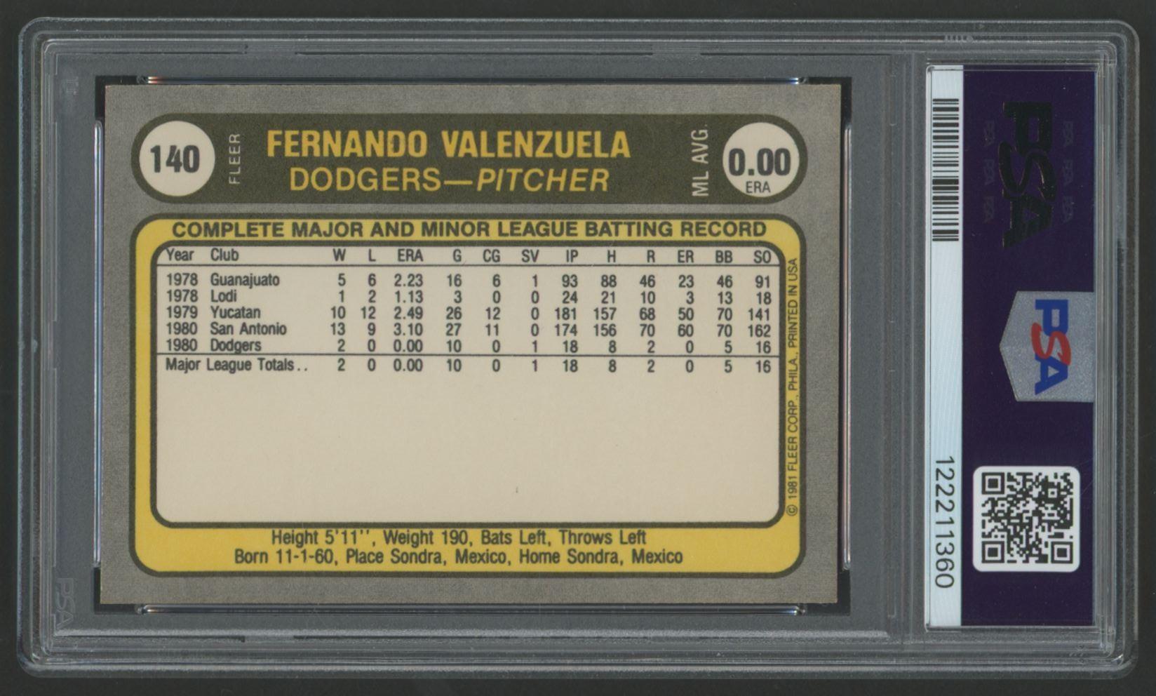 Fernando Valenzuela 1981 Fleer #140 (PSA 9) at PristineAuction.com Fernando Valenzuela 1981 Fleer #140 (PSA 9) at PristineAuction.com