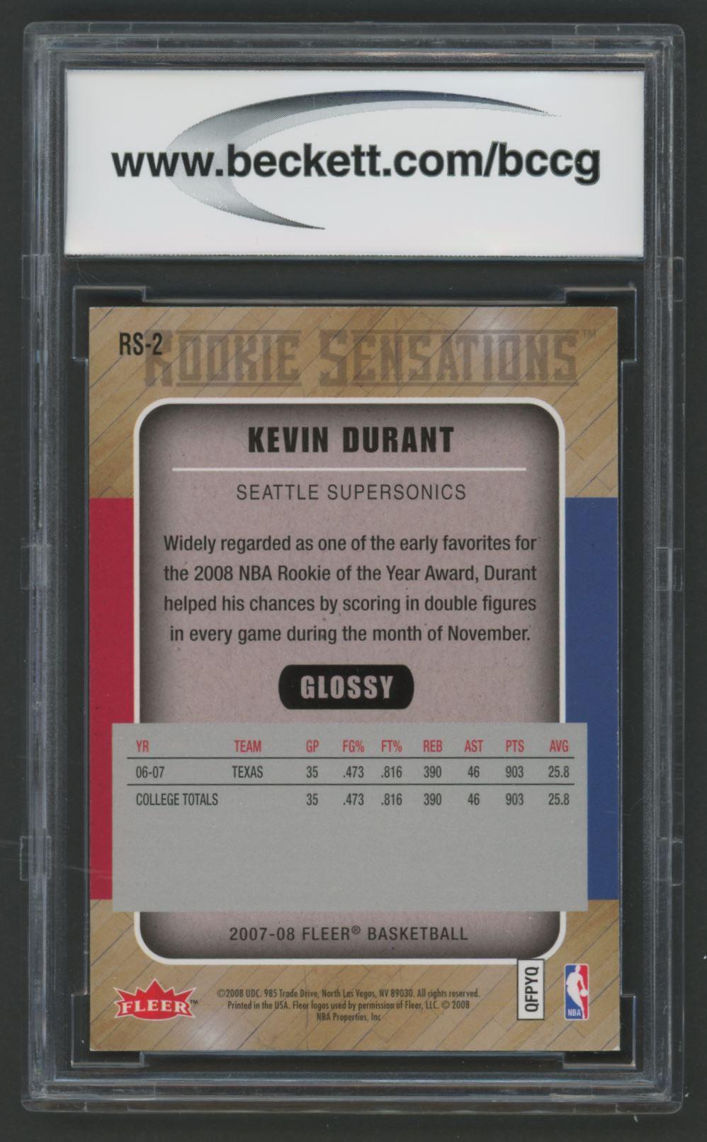 Kevin Durant 2007-08 Fleer Rookie Sensations Glossy #RS2 (BCCG 10) at PristineAuction.com Kevin Durant 2007-08 Fleer Rookie Sensations Glossy #RS2 (BCCG 10) at PristineAuction.com