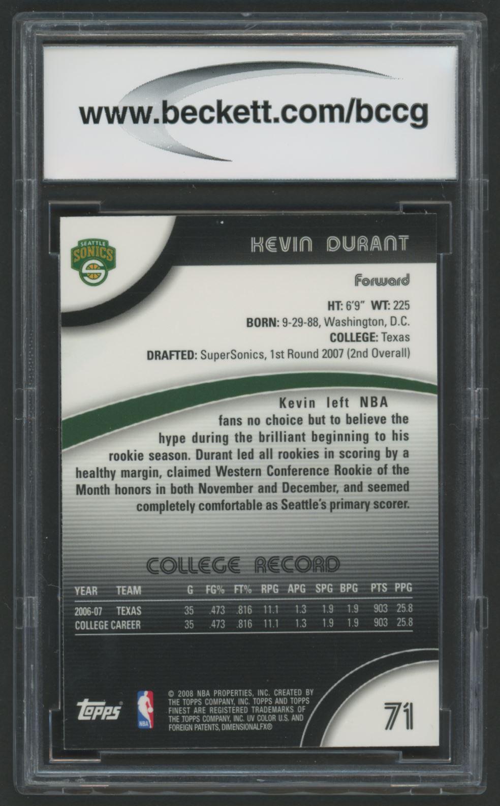 Kevin Durant 2007-08 Finest #71 RC (BCCG 9) at PristineAuction.com Kevin Durant 2007-08 Finest #71 RC (BCCG 9) at PristineAuction.com