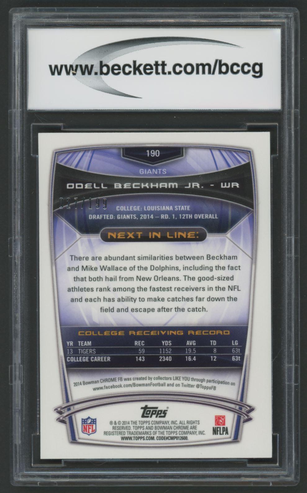 Odell Beckham Jr. 2014 Bowman Chrome Blue Refractors #190 #27/199 (BCCG 10) at PristineAuction.com Odell Beckham Jr. 2014 Bowman Chrome Blue Refractors #190 #27/199 (BCCG 10) at PristineAuction.com