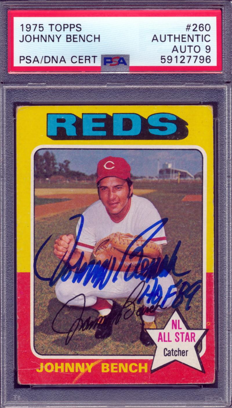 Johnny Bench Signed 1975 Topps #260 Inscribed "HOF 89" (PSA | Auto 9) at PristineAuction.com Johnny Bench Signed 1975 Topps #260 Inscribed "HOF 89" (PSA | Auto 9) at PristineAuction.com