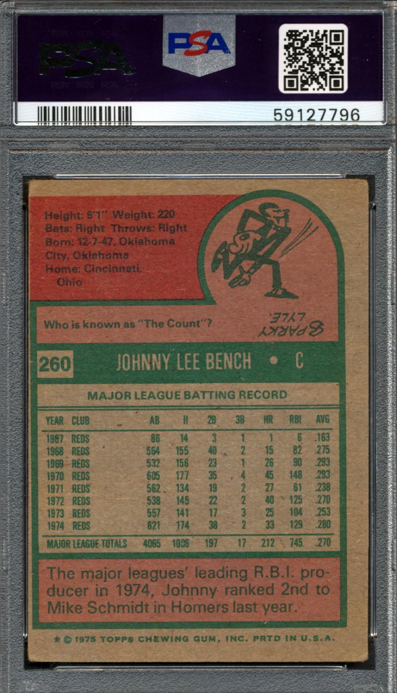 Johnny Bench Signed 1975 Topps #260 Inscribed "HOF 89" (PSA | Auto 9) at PristineAuction.com Johnny Bench Signed 1975 Topps #260 Inscribed "HOF 89" (PSA | Auto 9) at PristineAuction.com