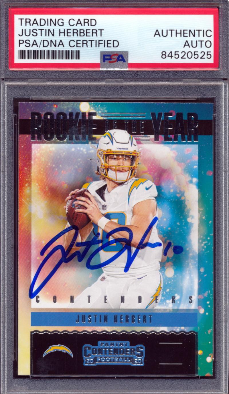 Justin Herbert Signed 2020 Panini Contenders Rookie of the Year Contenders #14 (PSA) at PristineAuction.com Justin Herbert Signed 2020 Panini Contenders Rookie of the Year Contenders #14 (PSA) at PristineAuction.com