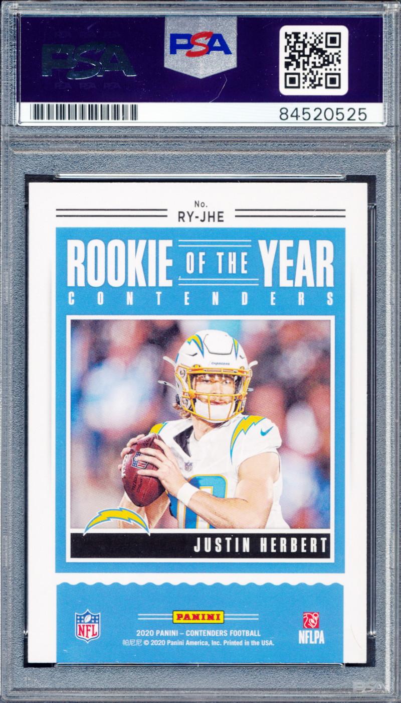 Justin Herbert Signed 2020 Panini Contenders Rookie of the Year Contenders #14 (PSA) at PristineAuction.com Justin Herbert Signed 2020 Panini Contenders Rookie of the Year Contenders #14 (PSA) at PristineAuction.com