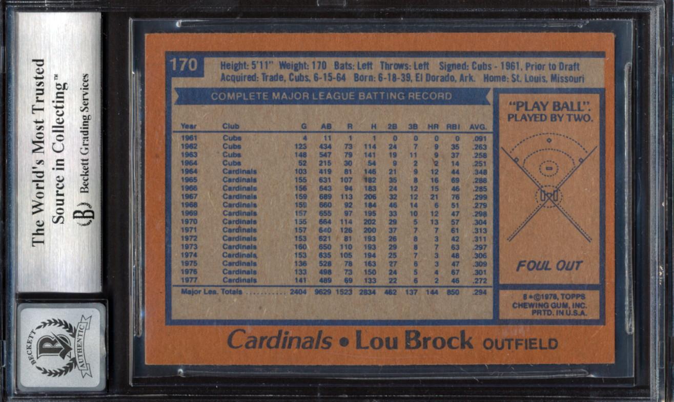 Lou Brock Signed 1978 Topps #170 (BGS | Autograph Graded 10) at PristineAuction.com Lou Brock Signed 1978 Topps #170 (BGS | Autograph Graded 10) at PristineAuction.com