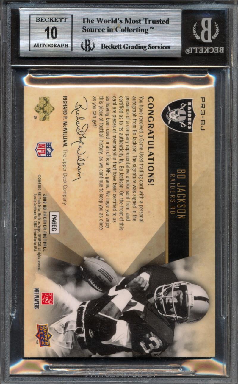 Bo Jackson 2008 Upper Deck Premier Remnants Triple Jersey Number #PR3BJ #21/25 (BGS 9 | Autograph Graded 10) at PristineAuction.com Bo Jackson 2008 Upper Deck Premier Remnants Triple Jersey Number #PR3BJ #21/25 (BGS 9 | Autograph Graded 10) at PristineAuction.com