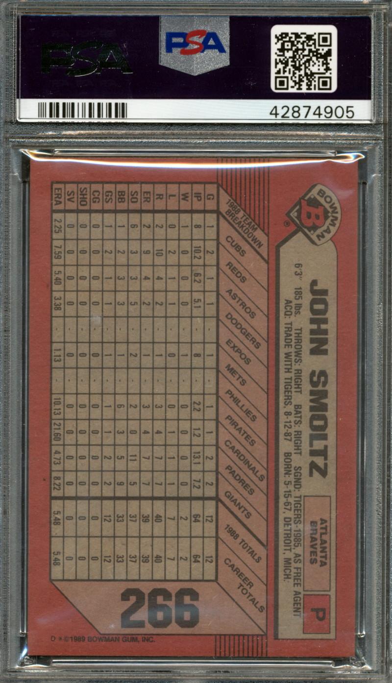 John Smoltz Signed 1989 Bowman #266 RC (PSA 9 | Autograph Graded 9) at PristineAuction.com John Smoltz Signed 1989 Bowman #266 RC (PSA 9 | Autograph Graded 9) at PristineAuction.com