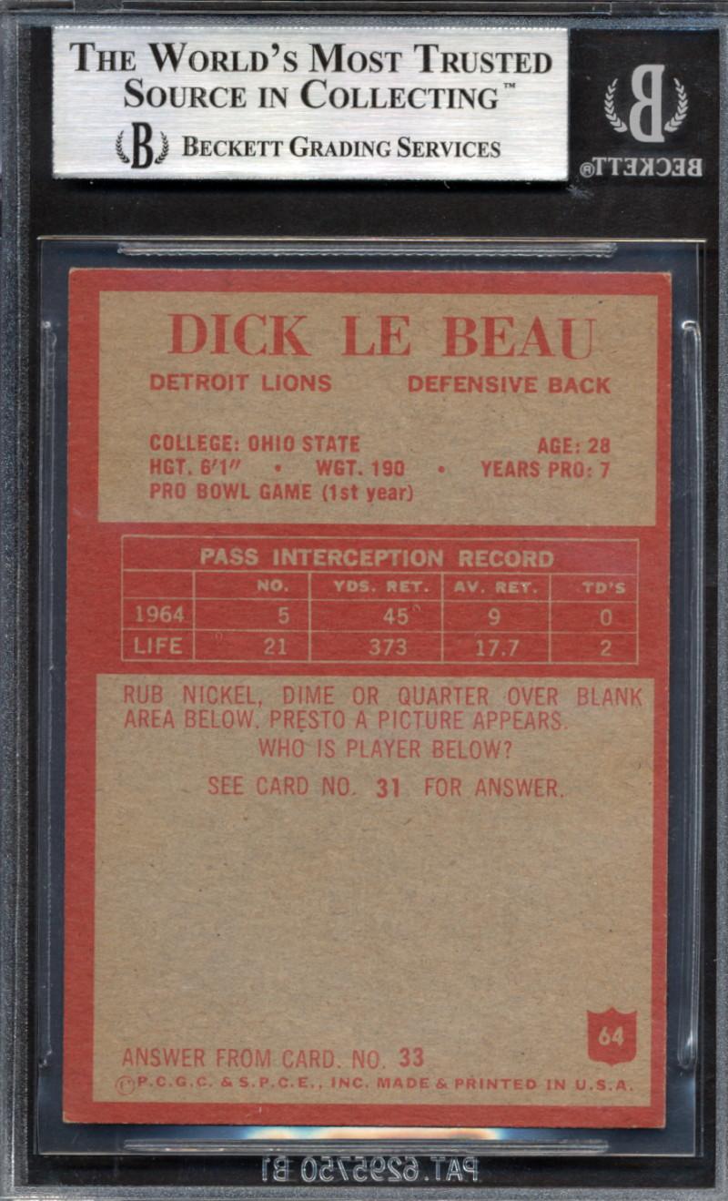 Dick LeBeau Signed 1965 Philadelphia #64 RC Inscribed "Best Wishes" (BGS) at PristineAuction.com Dick LeBeau Signed 1965 Philadelphia #64 RC Inscribed "Best Wishes" (BGS) at PristineAuction.com