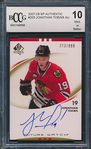 Jonathan Toews 2007-08 SP Authentic AU #203 #273/999 RC (BCCG 10) at PristineAuction.com Jonathan Toews 2007-08 SP Authentic AU #203 #273/999 RC (BCCG 10) at PristineAuction.com