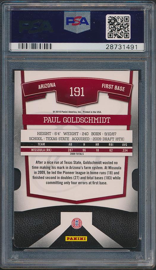 Paul Goldschmidt 2010 Donruss Elite Extra Edition Status Red Die Cut #191 #/100 (PSA 10) at PristineAuction.com Paul Goldschmidt 2010 Donruss Elite Extra Edition Status Red Die Cut #191 #/100 (PSA 10) at PristineAuction.com