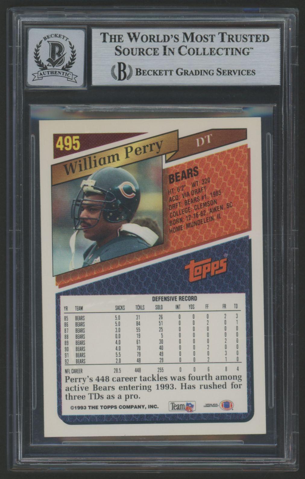William Perry Signed 1993 Topps #495 (BGS | Auto 10) at PristineAuction.com William Perry Signed 1993 Topps #495 (BGS | Auto 10) at PristineAuction.com