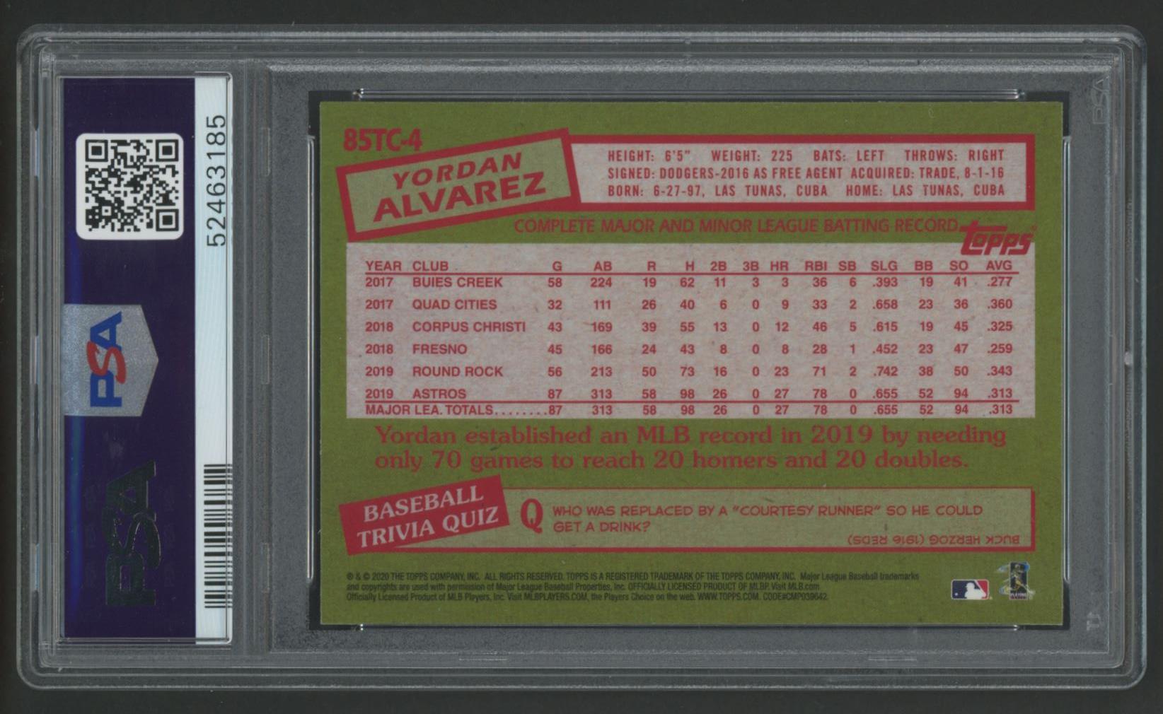 Yordan Alvarez 2020 Topps Chrome '85 Topps #85TC4 (PSA 10) at PristineAuction.com Yordan Alvarez 2020 Topps Chrome '85 Topps #85TC4 (PSA 10) at PristineAuction.com