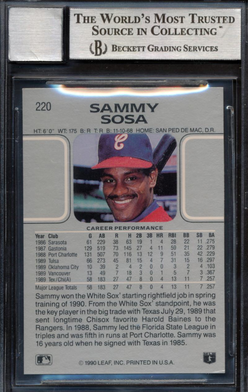 Sammy Sosa Signed 1990 Leaf #220 RC Inscribed "600 HR" (BGS | Autograph Graded 10) at PristineAuction.com Sammy Sosa Signed 1990 Leaf #220 RC Inscribed "600 HR" (BGS | Autograph Graded 10) at PristineAuction.com