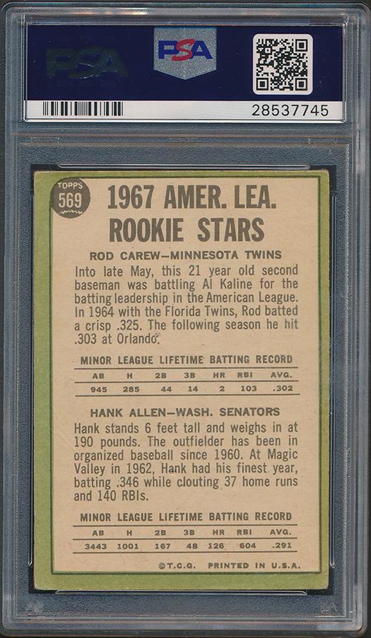 Rod Carew Signed Rod Carew RC / Hank Allen RC 1967 Topps Rookie Stars DP #569 (PSA) at PristineAuction.com Rod Carew Signed Rod Carew RC / Hank Allen RC 1967 Topps Rookie Stars DP #569 (PSA) at PristineAuction.com