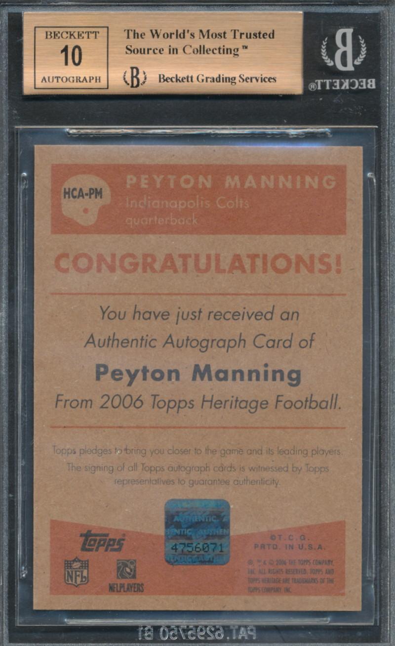 Peyton Manning 2006 Topps Heritage In the Cards Autographs #HCAPM (BGS 9.5 | Autograph Graded 10) at PristineAuction.com Peyton Manning 2006 Topps Heritage In the Cards Autographs #HCAPM (BGS 9.5 | Autograph Graded 10) at PristineAuction.com