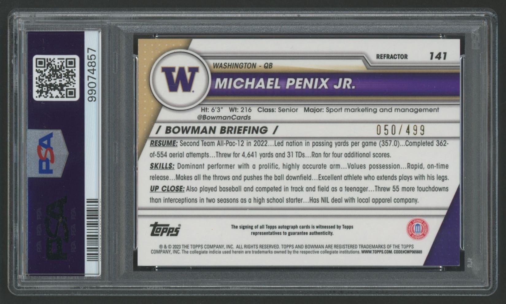 Michael Penix Jr. 2023 Bowman U Chrome Autograph Refractor #141 #50/499 (PSA 9) at PristineAuction.com Michael Penix Jr. 2023 Bowman U Chrome Autograph Refractor #141 #50/499 (PSA 9) at PristineAuction.com