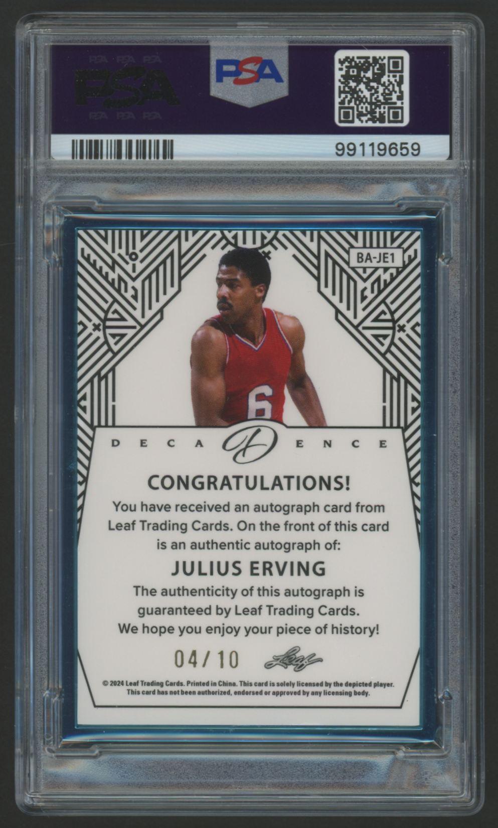 Julius Erving 2024 Leaf Decadence Autograph Turquoise #BAJE1 #4/10 (PSA 9 | Autograph Graded 9) at PristineAuction.com Julius Erving 2024 Leaf Decadence Autograph Turquoise #BAJE1 #4/10 (PSA 9 | Autograph Graded 9) at PristineAuction.com