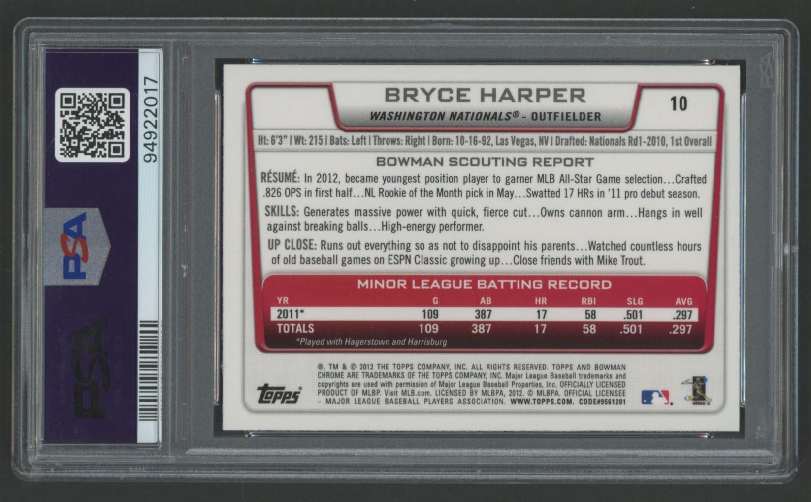 Bryce Harper 2012 Bowman Chrome Draft #10 RC (PSA 10) at PristineAuction.com Bryce Harper 2012 Bowman Chrome Draft #10 RC (PSA 10) at PristineAuction.com