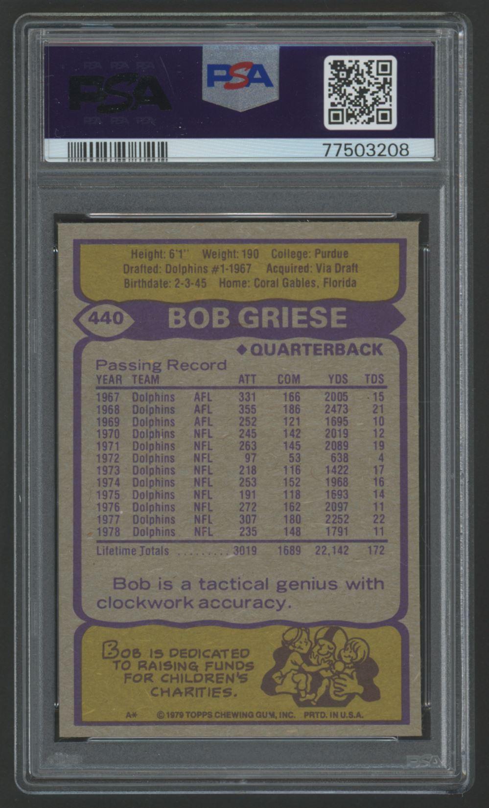 Bob Griese Signed 1979 Topps #440 (PSA) at PristineAuction.com Bob Griese Signed 1979 Topps #440 (PSA) at PristineAuction.com